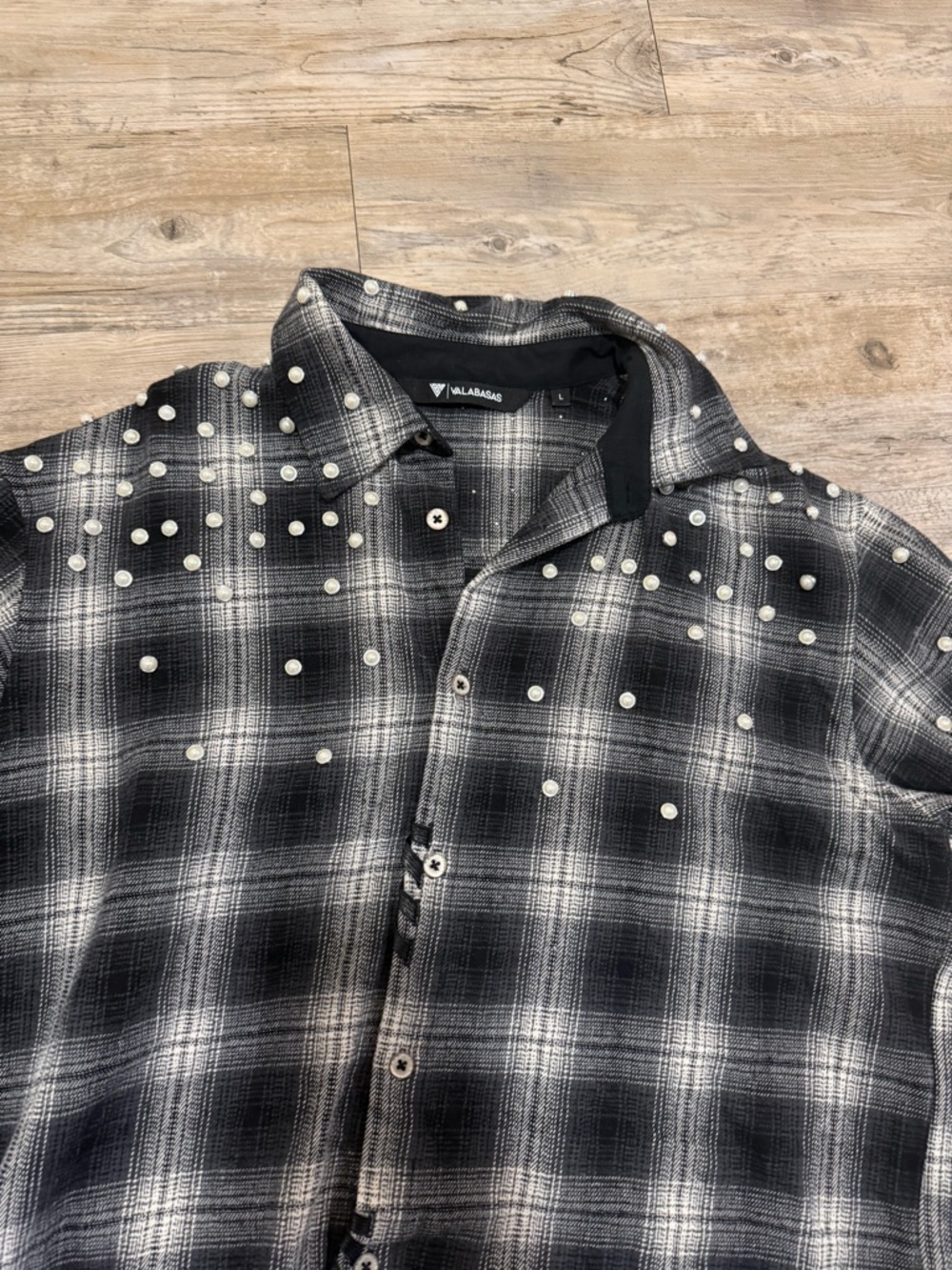 All Saints Black & White Plaid Pearl-Stud Button-Down Shirt